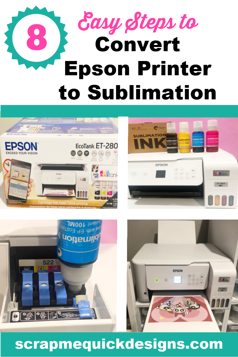 image says 8 steps to convert Epson printer to sublimation with 4 photos of Epson Printer sublimation steps