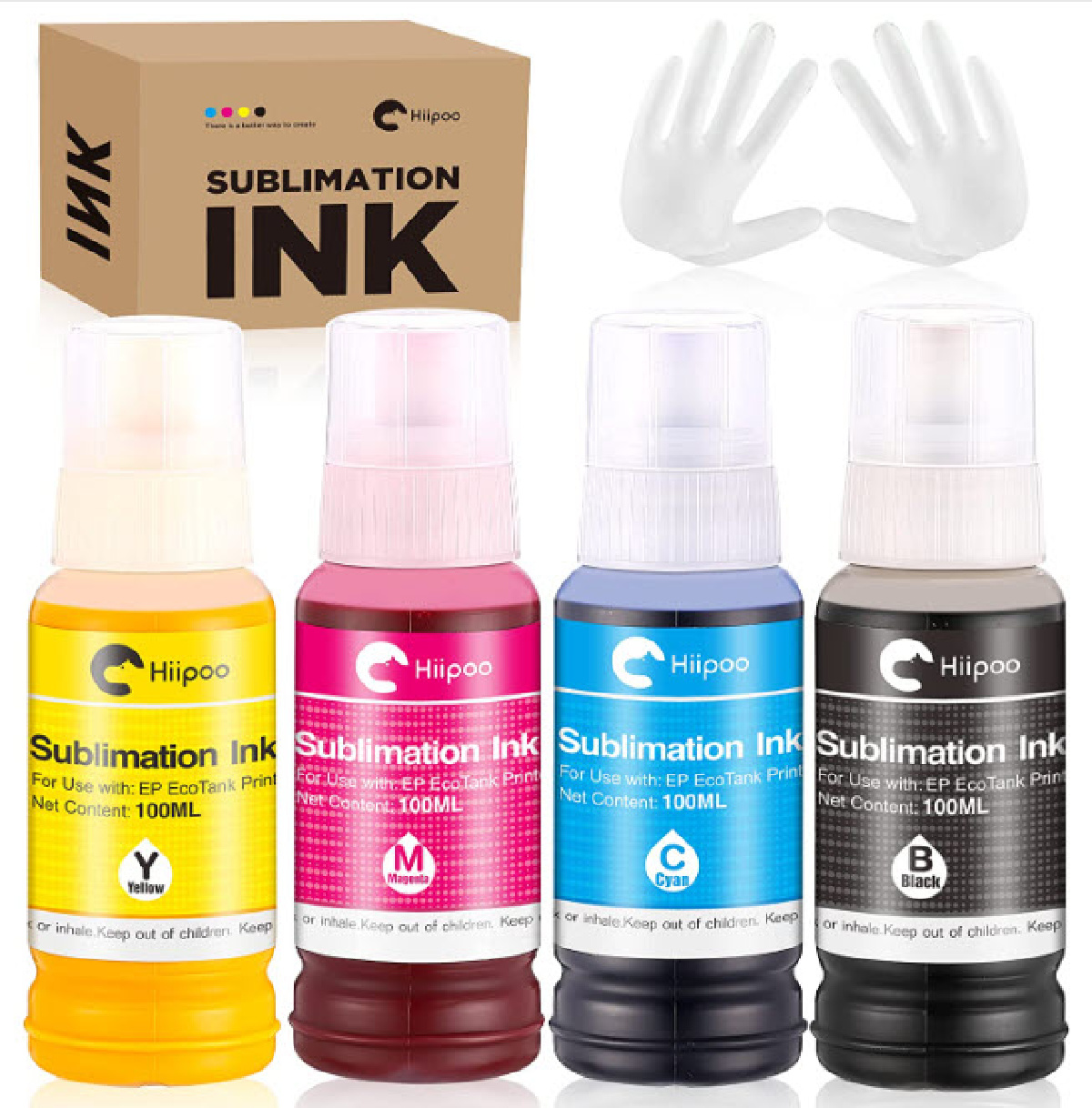image of 4 bottles of Hiipoo sublimation ink with prefect tops