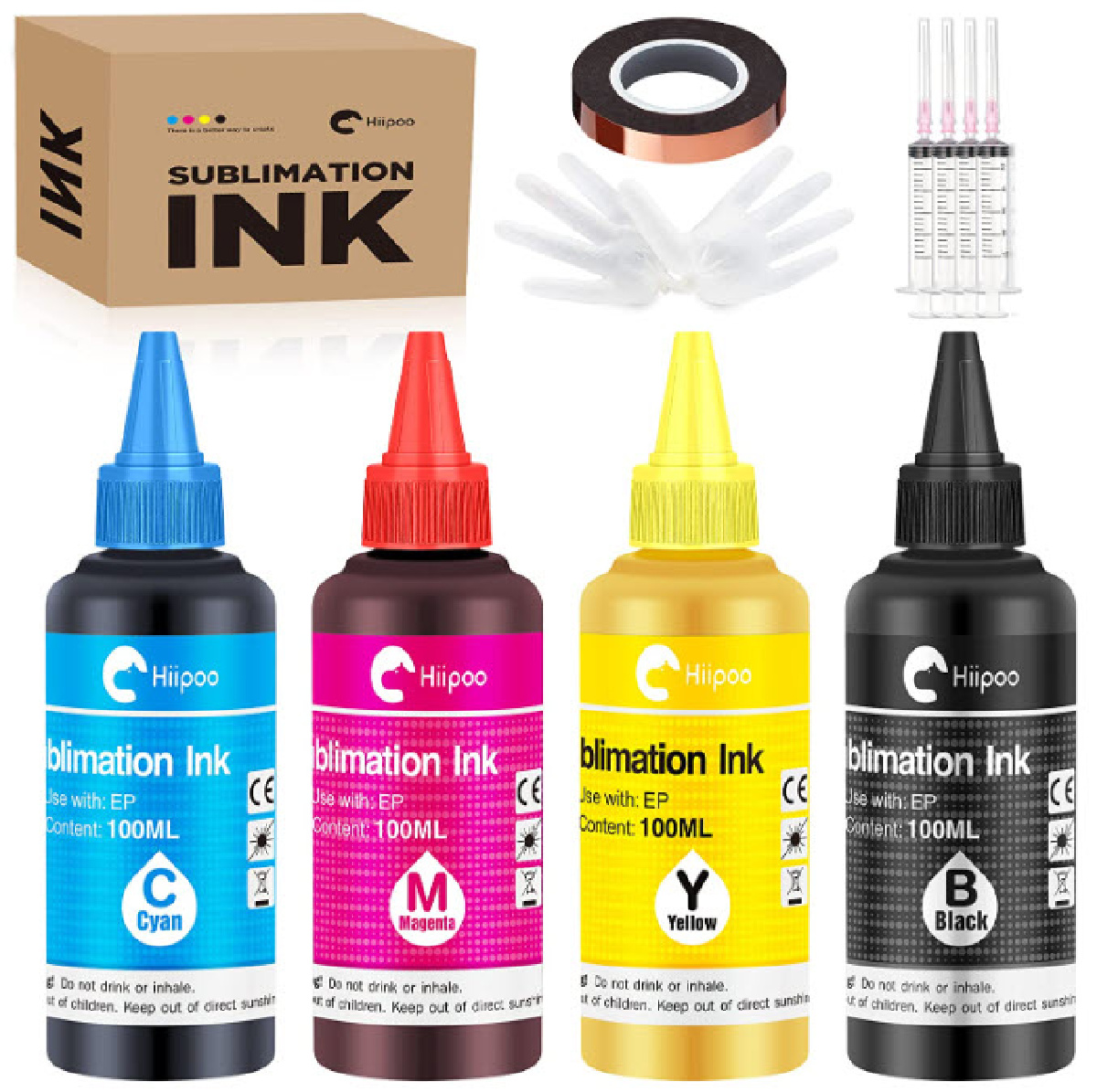 4 bottle of Hiipoo sublimation ink with syringe applilcation