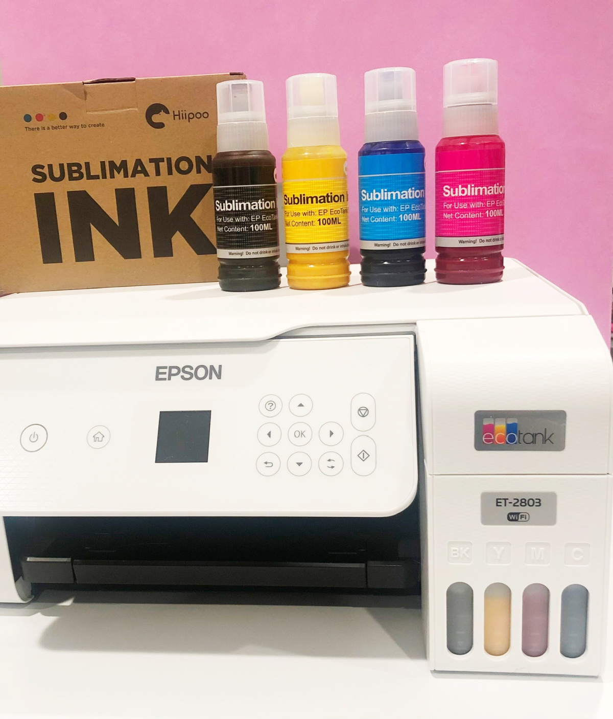 Epson Eco Tank Printer with bottles of Hiipoo ink sitting on the top