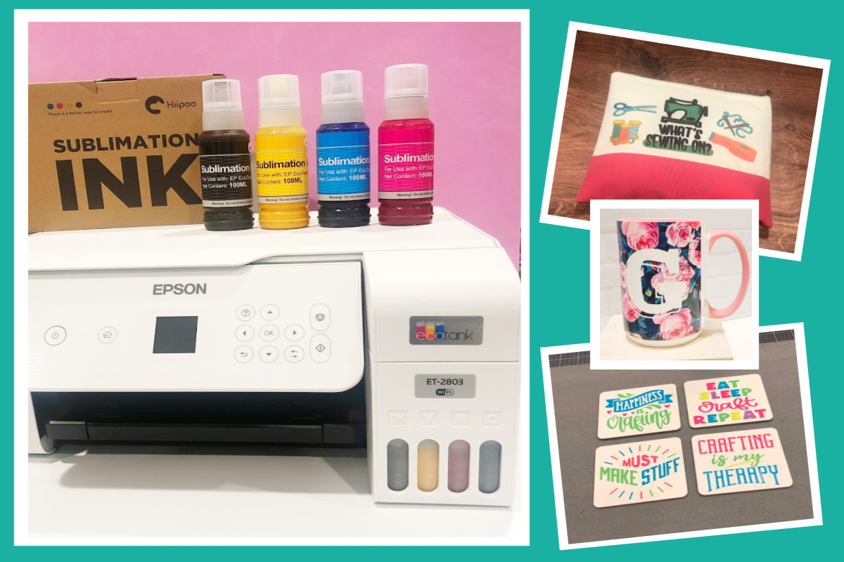 photo of Epson Printer, Sublimation Ink and 3 sublimation projects - zippered pouch, mug, coasters