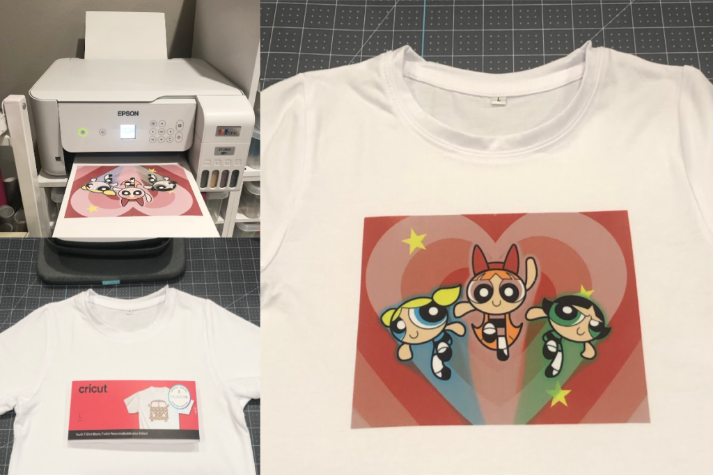Epson Printer with sublimation print on paper tray, Cricut Sublimation shirt, completed sublimation t-shirt with Power Puff Girls Image on it