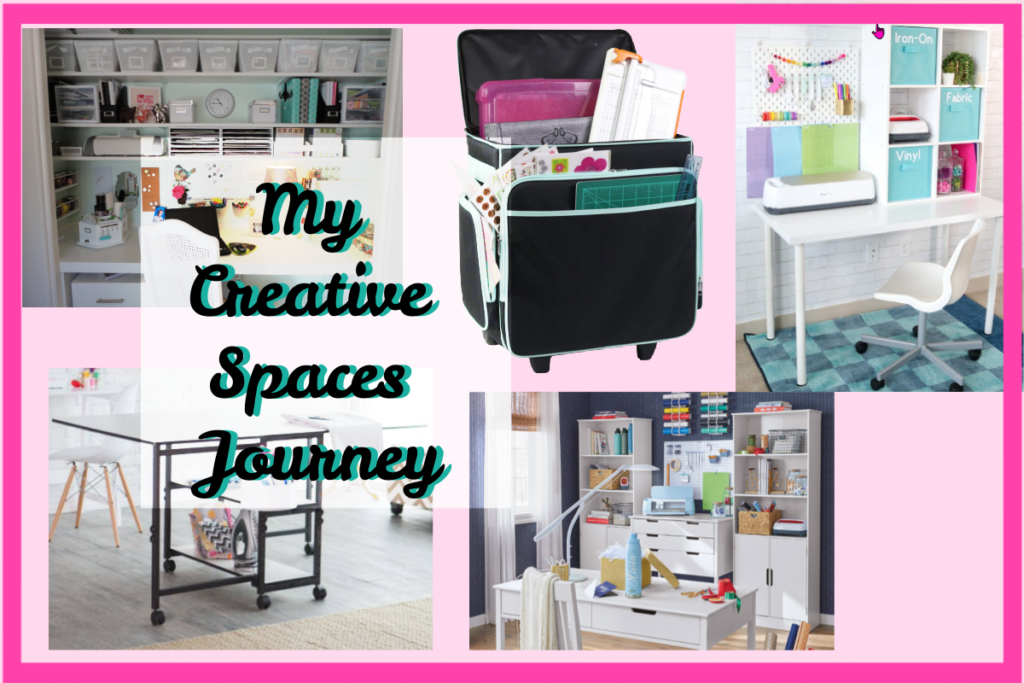 light pink background with various photos of different types of craftroom and portable tote with overlay reads My Creative Spaces Journey