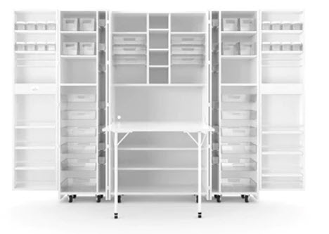 folding cabinet with shelves and bins and a fold out table