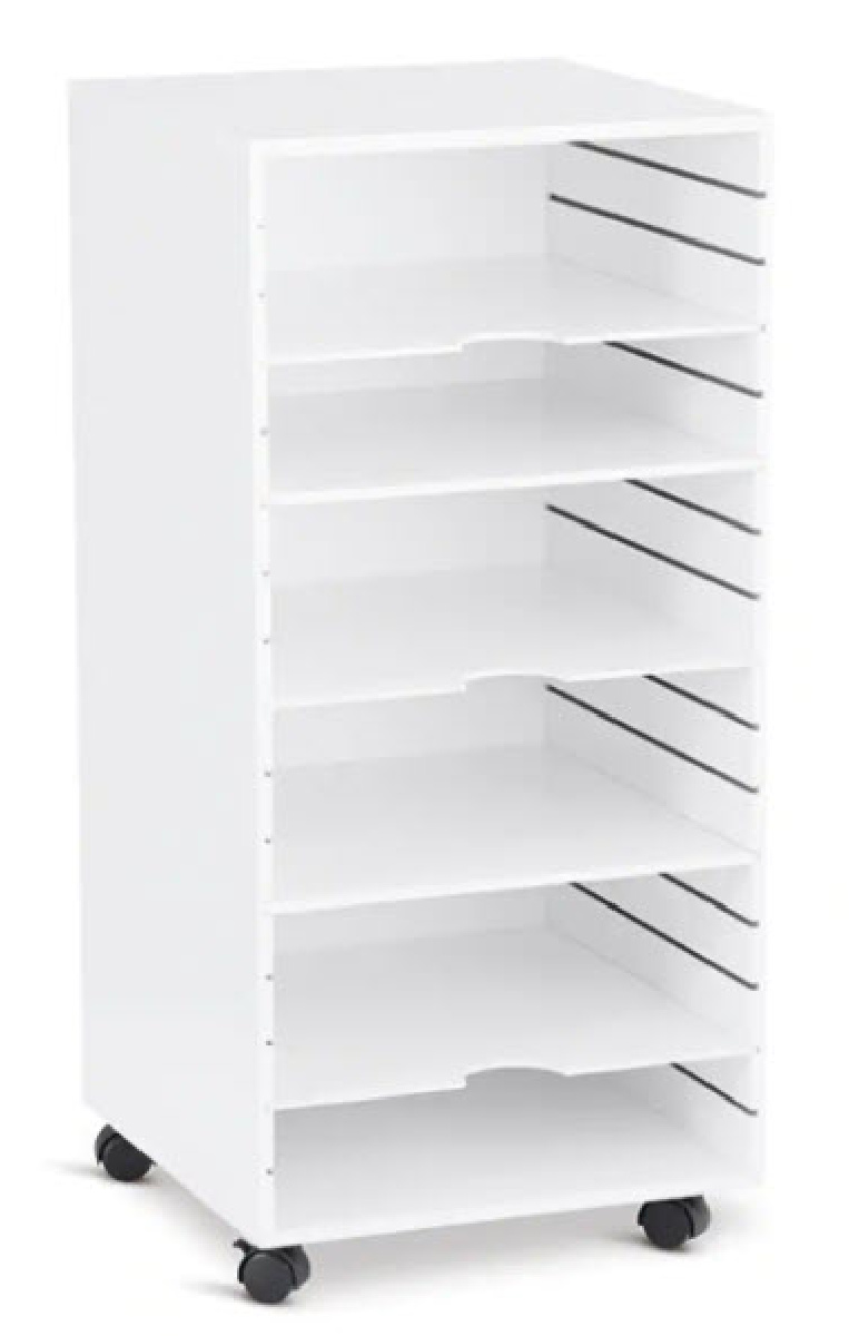 white storage tower with moveable shelves