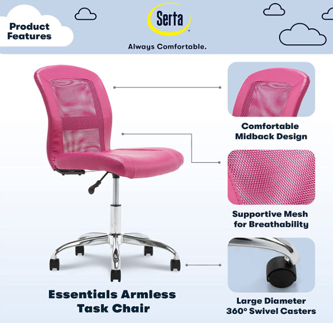 Serta armless rolling task chair in pink